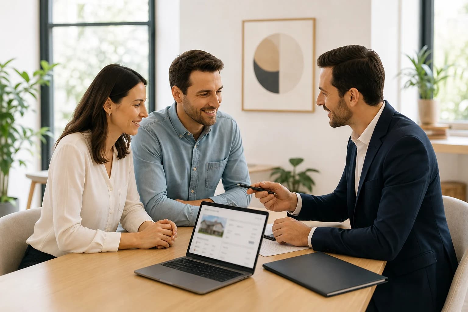 Un couple échange avec un professionnel de l’immobilier autour de son projet